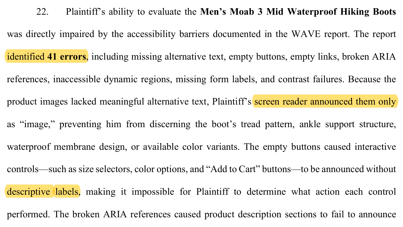 An excerpt from the Simmons complaint, paragraph 22: the report identified 41 errors, including missing alternative text, empty buttons, empty links, broken ARIA references, inaccessible dynamic regions, missing form labels, and contrast failures. Because the product images lacked meaningful alternative text, the plaintiff's screen reader announced them only as “image.” Size selectors, color options, and Add to Cart buttons were announced without descriptive labels. Three phrases are highlighted.